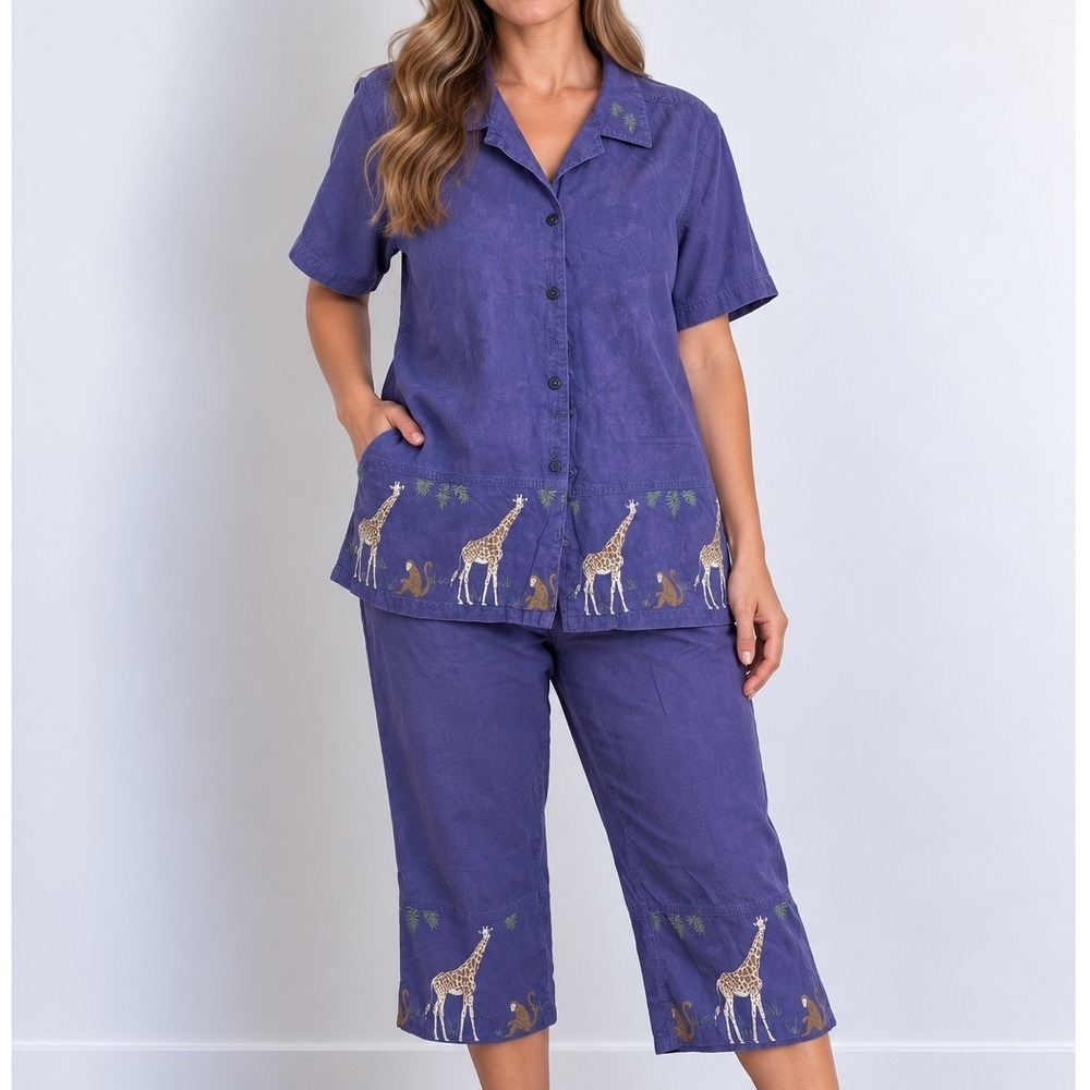 Vintage Jane Ashley 2 Piece Set Womens PL PM Giraffe Safari Capri Cotton 90s